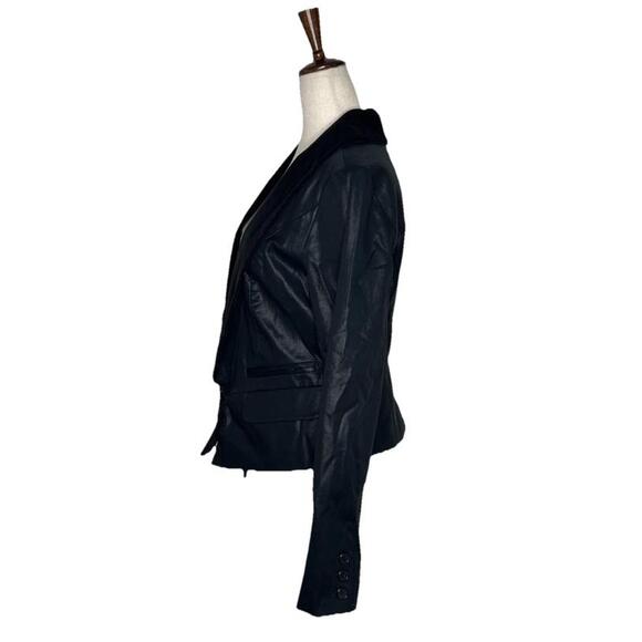 Guess Black Velvet Lapel Faux Leather Look Blazer Womens L Fitted Jacket Stretch - Picture 2 of 8